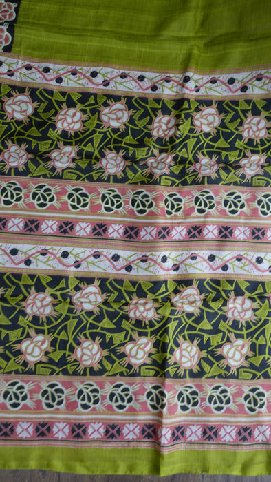 Bright Green Tissue Silk Printed Sari - Preloved