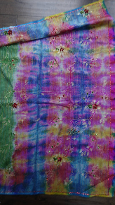 Green Vintage Silk Sari With Sequin Detailing - New