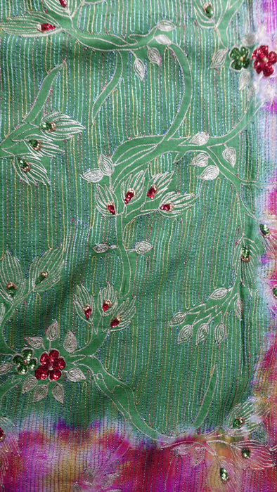 Green Vintage Silk Sari With Sequin Detailing - New