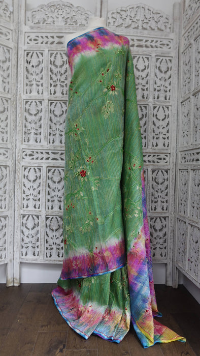 Green Vintage Silk Sari With Sequin Detailing - New