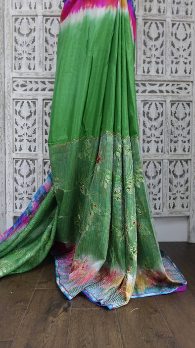 Green Vintage Silk Sari With Sequin Detailing - New