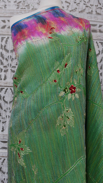 Green Vintage Silk Sari With Sequin Detailing - New