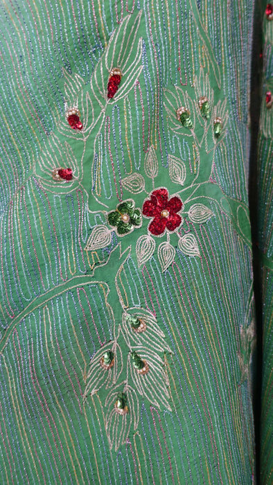 Green Vintage Silk Sari With Sequin Detailing - New