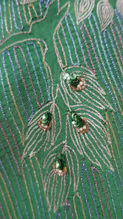 Green Vintage Silk Sari With Sequin Detailing - New