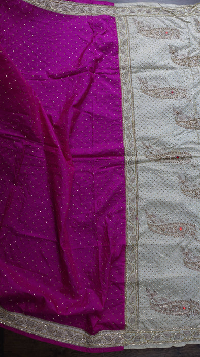 Hot Pink And Cream Pure Silk Vintage Sequinned Sari - Preloved