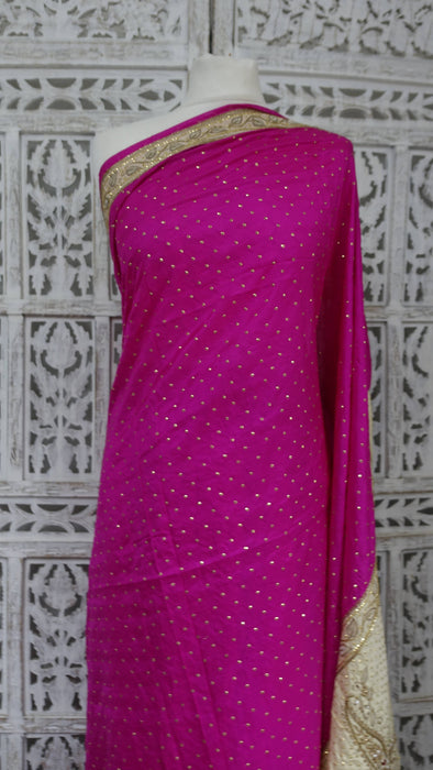 Hot Pink And Cream Pure Silk Vintage Sequinned Sari - Preloved