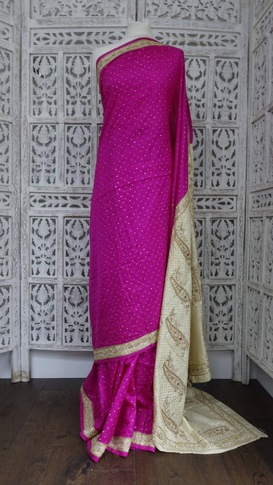 Hot Pink And Cream Pure Silk Vintage Sequinned Sari - Preloved