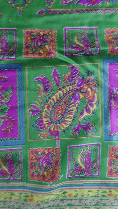 Cream And Green Silk Vintage Printed Sari - New