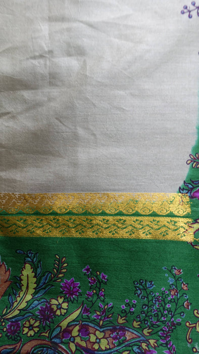 Cream And Green Silk Vintage Printed Sari - New