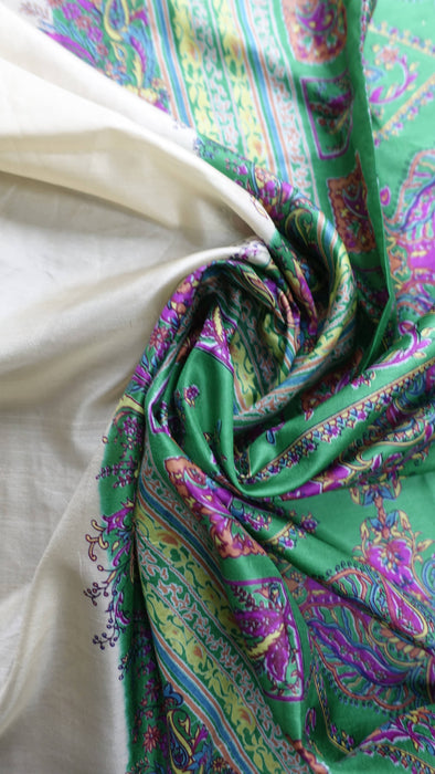 Cream And Green Silk Vintage Printed Sari - New