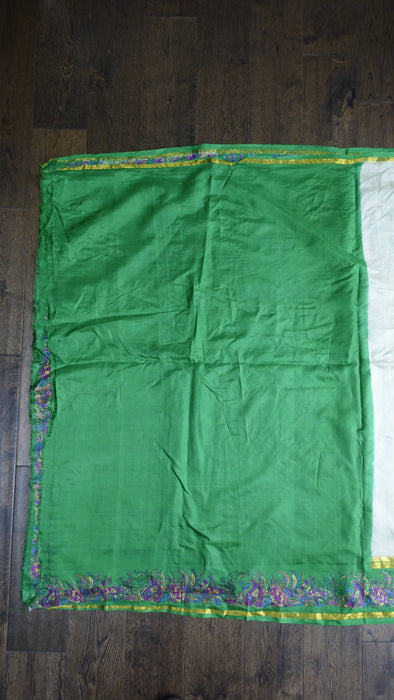 Cream And Green Silk Vintage Printed Sari - New