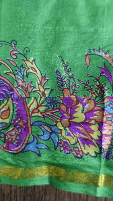 Cream And Green Silk Vintage Printed Sari - New
