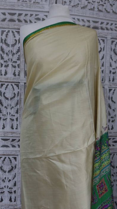 Cream And Green Silk Vintage Printed Sari - New