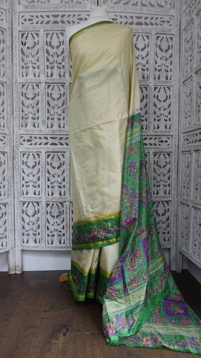 Cream And Green Silk Vintage Printed Sari - New