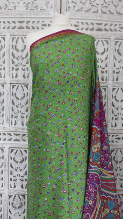 Bright Green And Pink Vintage Silk Sari - New