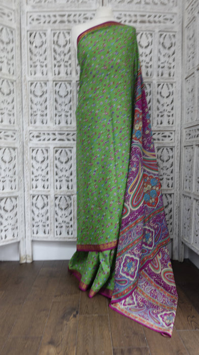 Bright Green And Pink Vintage Silk Sari - New
