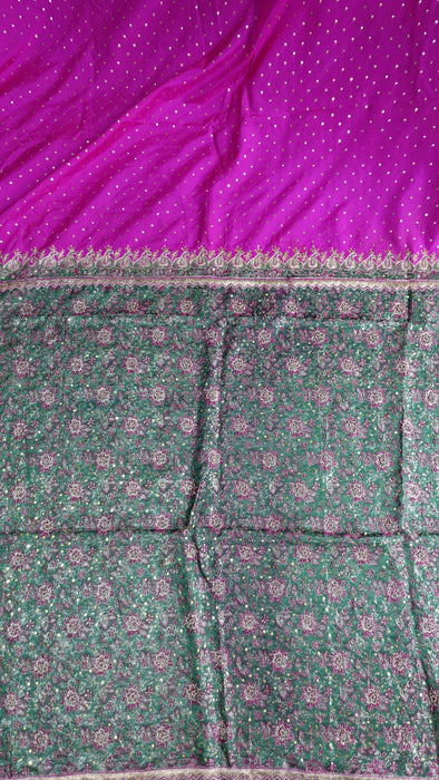 Hot Pink Pure Silk With Green Brocade Palla Vintage Sari - Preloved