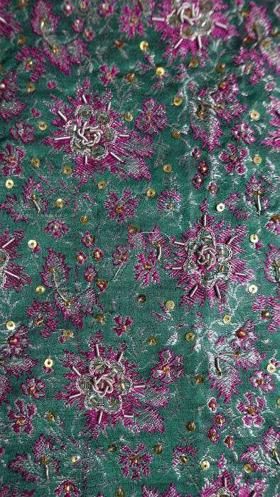 Hot Pink Pure Silk With Green Brocade Palla Vintage Sari - Preloved