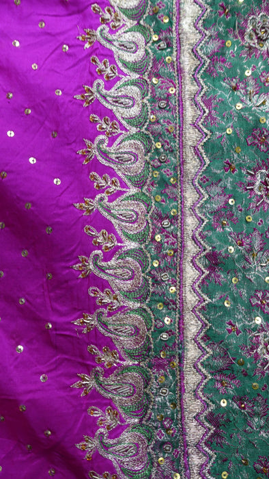 Hot Pink Pure Silk With Green Brocade Palla Vintage Sari - Preloved