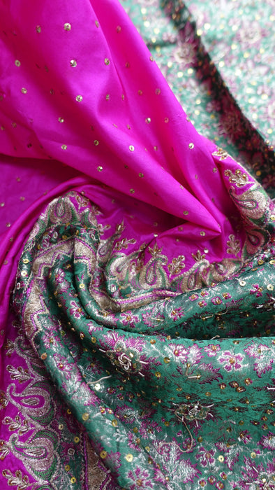 Hot Pink Pure Silk With Green Brocade Palla Vintage Sari - Preloved