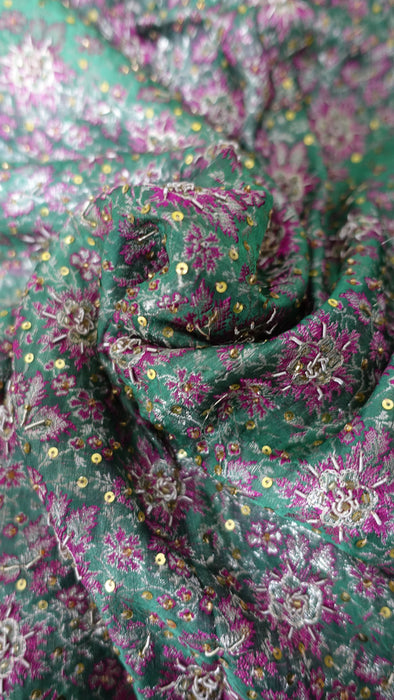 Hot Pink Pure Silk With Green Brocade Palla Vintage Sari - Preloved