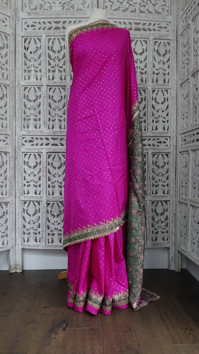 Hot Pink Pure Silk With Green Brocade Palla Vintage Sari - Preloved