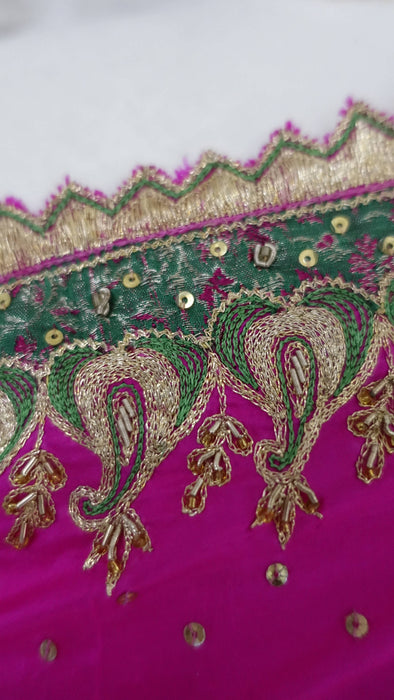 Hot Pink Pure Silk With Green Brocade Palla Vintage Sari - Preloved