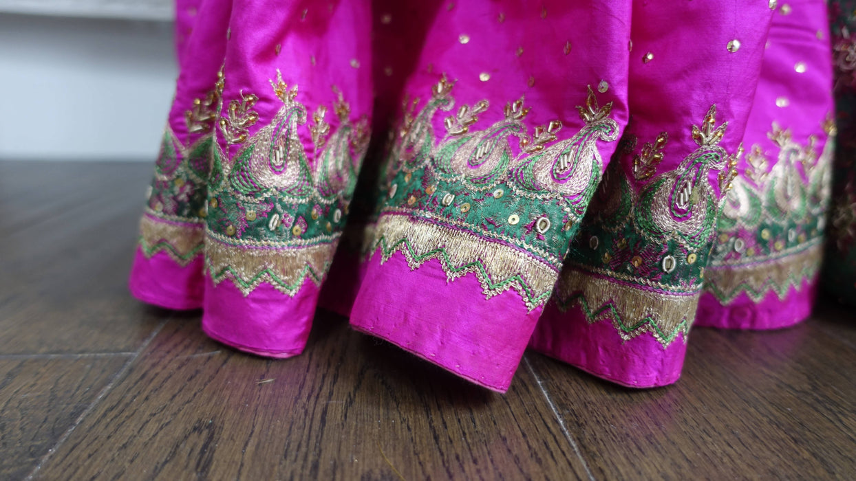 Hot Pink Pure Silk With Green Brocade Palla Vintage Sari - Preloved