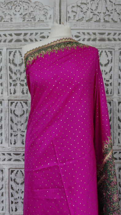 Hot Pink Pure Silk With Green Brocade Palla Vintage Sari - Preloved