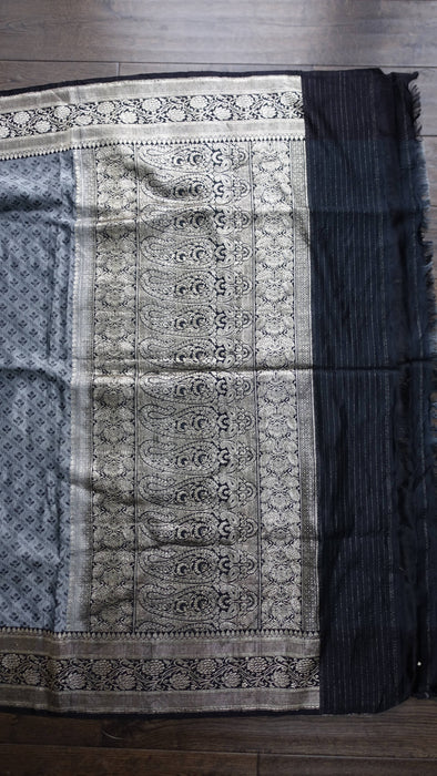Grey And Black Vintage Banarsi Brocade Sari