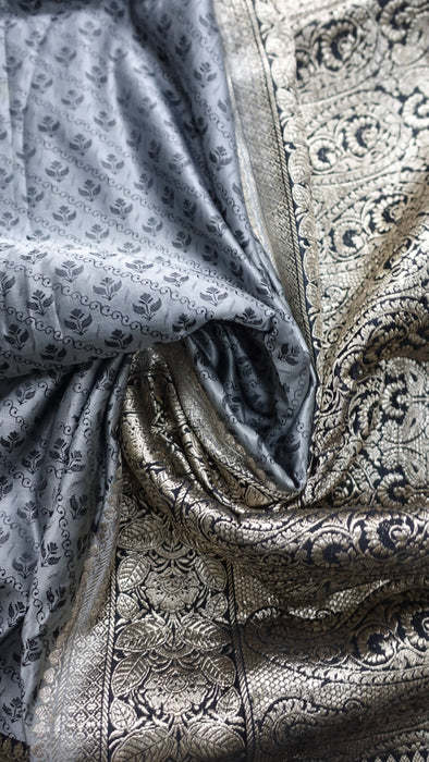 Grey And Black Vintage Banarsi Brocade Sari