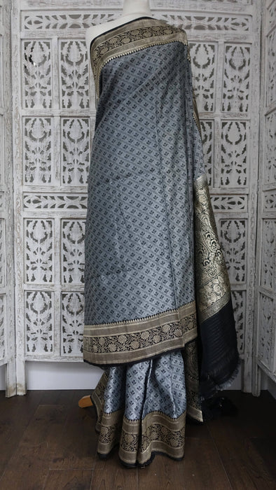 Grey And Black Vintage Banarsi Brocade Sari