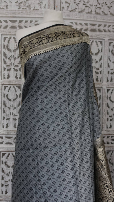 Grey And Black Vintage Banarsi Brocade Sari