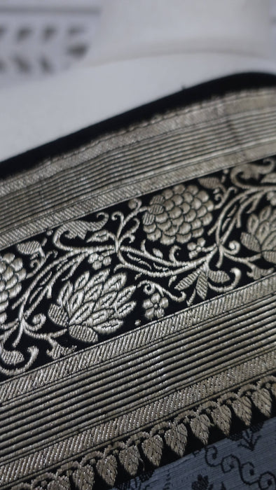 Grey And Black Vintage Banarsi Brocade Sari