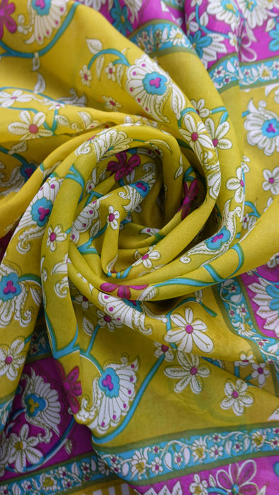 Yellow Woolly Georgette Vintage Floral Print Sari - New