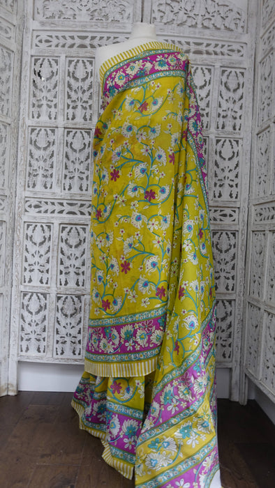 Yellow Woolly Georgette Vintage Floral Print Sari - New