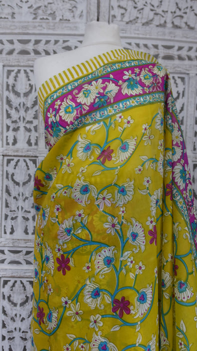 Yellow Woolly Georgette Vintage Floral Print Sari - New