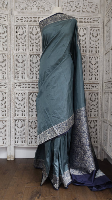 Sage Grey  Silk Sari With Net Backing - New