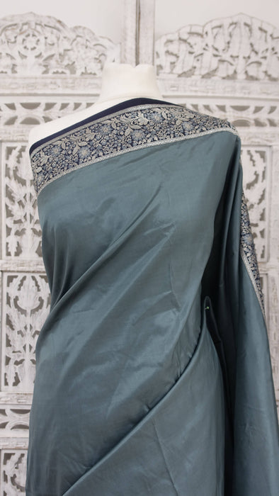Sage Grey  Silk Sari With Net Backing - New