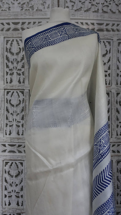 Cream And Blue Line Vintage Tissue Silk Sari