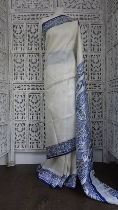 Cream And Blue Line Vintage Tissue Silk Sari
