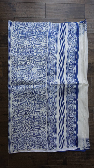 Cream And Blue Line Vintage Tissue Silk Sari