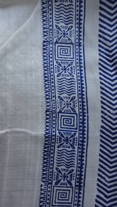 Cream And Blue Line Vintage Tissue Silk Sari