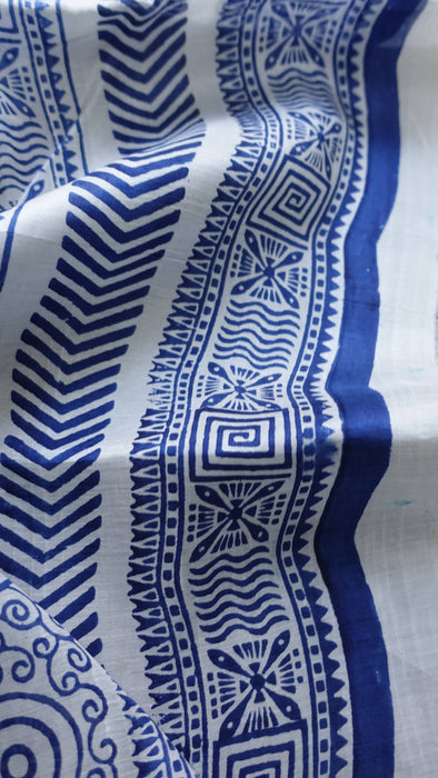 Cream And Blue Line Vintage Tissue Silk Sari