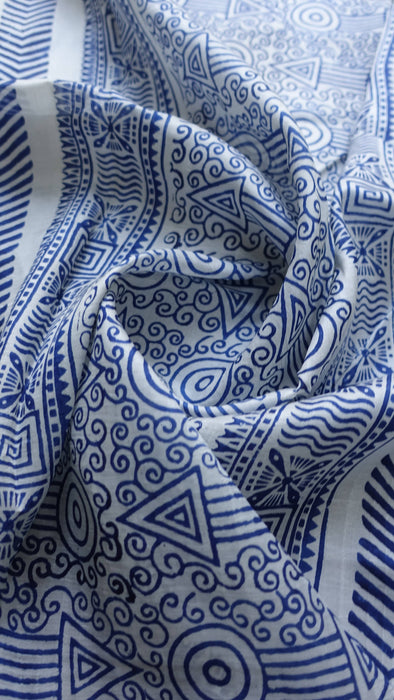 Cream And Blue Line Vintage Tissue Silk Sari