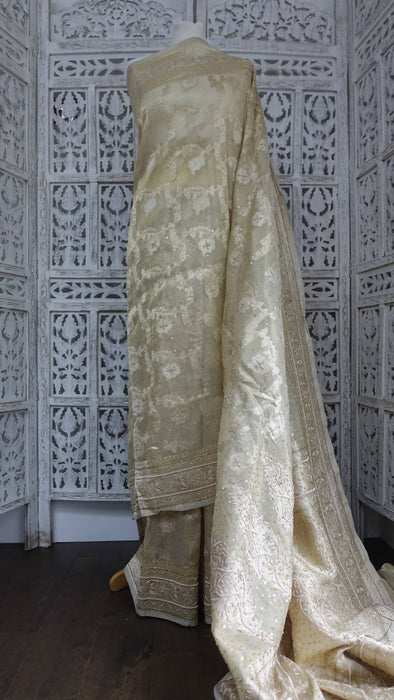 Cream Vintage Organza Zardosi Sari - New