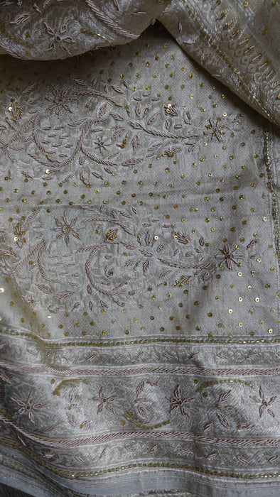 Cream Vintage Organza Zardosi Sari - New