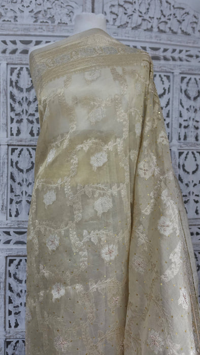 Cream Vintage Organza Zardosi Sari - New