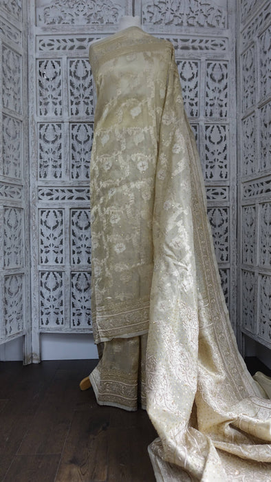 Cream Vintage Organza Zardosi Sari - New