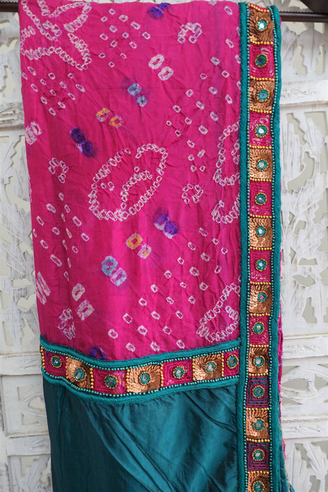Teal & Pink Vintage Silk Dupatta - Preloved